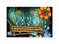 An orange boat sitting on wooded floor with orange flowers and art prints.