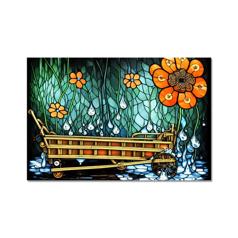 An orange boat sitting on wooded floor with orange flowers and art prints.