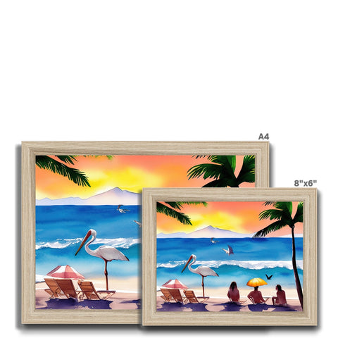 A picture frame with a beach scene that is a sunset, with a sky that is