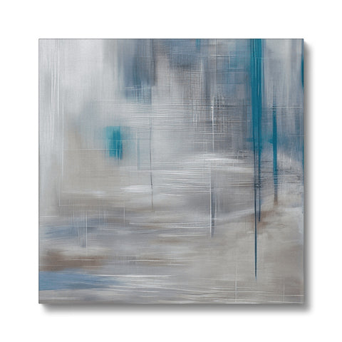 An abstract painting that has white background with a blue ocean and a reflection of water.