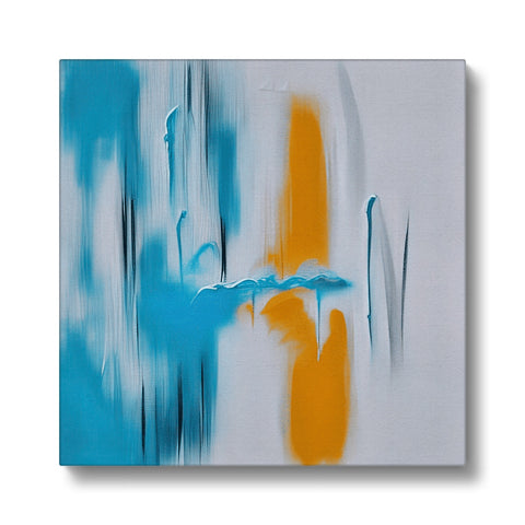 An abstract blue and yellow artwork on a white canvas with flames.