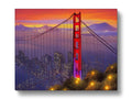 A painting of a golden bridge over a bridge by the bay in San Francisco.