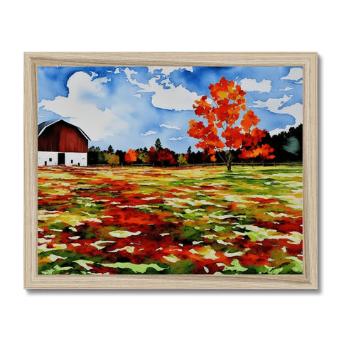 A decorated, wood framed painting of fall foliage in the foreground of a barn.