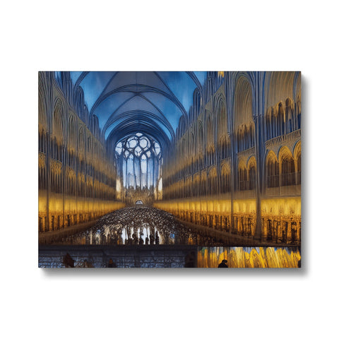 A large Gothic architectural cathedral with an art print depicting the colors of white and brown.