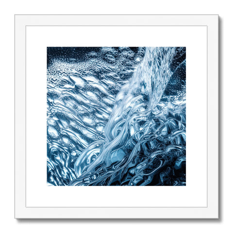 Art print painting of water flowing down river with a black and white photograph inside.