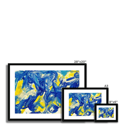 A blue, white and yellow painting hanging on a wall with two others in them.