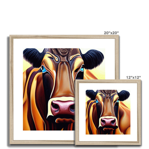 A red cow poses with two others in a row in a picture frame on a wooden