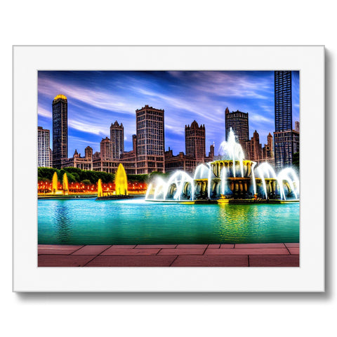 An art print with Chicago's skyline and some other cityscapes on the background.