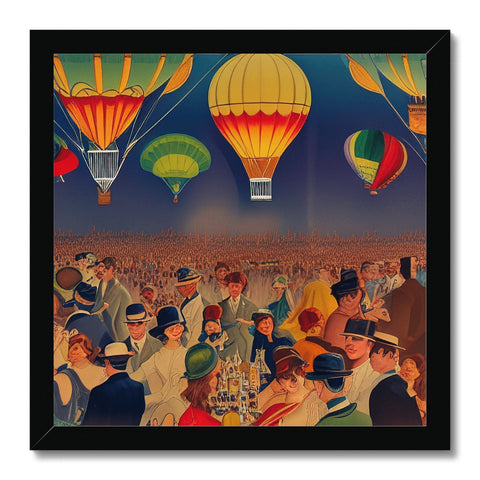 A crowd of people standing next to a hot air balloon in the sky.