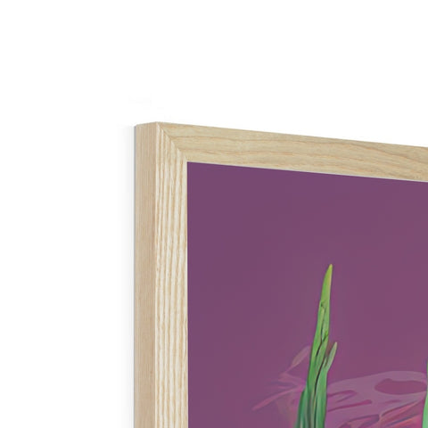 There are wooden pictures on a wood frame sitting on a bench with flowers and pine poles