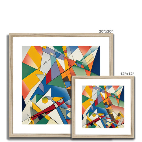 Three colorful art prints on wooden frame sitting on a table together.