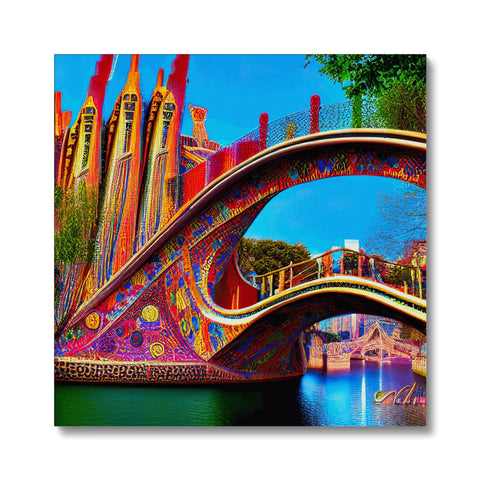 The city of Barcelona is decorated with colorful art on bridges and buildings.