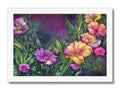 A floral art print on a white card with pink and blue flowers.