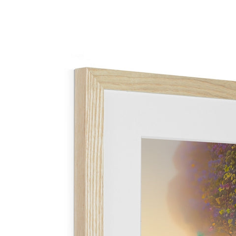 A picture of two trees in a photo frame with a wooden wood object under it.