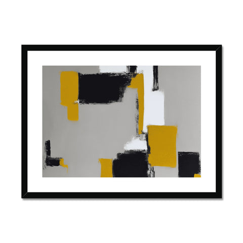 A yellow framed art piece hanging on a large white metal wall with yellow stripes.