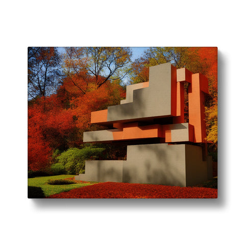A yellow and orange metal sculpture near the edge of a wooded area with buildings on