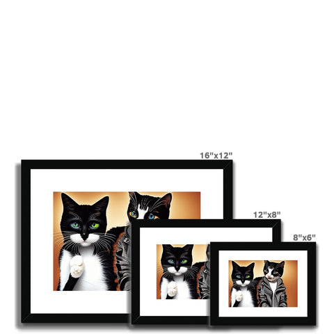 A white picture frame with a cat standing in front of a large window with four photographs