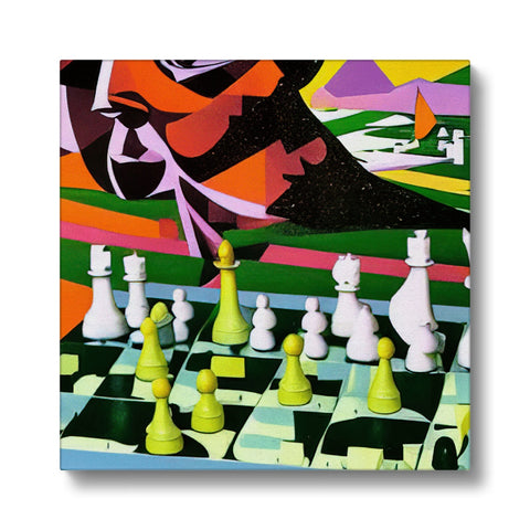 A chessboard with two chess pieces on it and an art print on it.