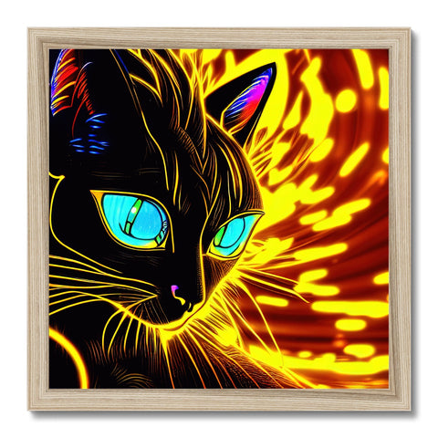 colored cat posing and laying on a frame in a room with gold wall art.