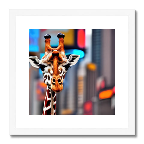 A giraffe leaning down to look at an art print with it's arms akim