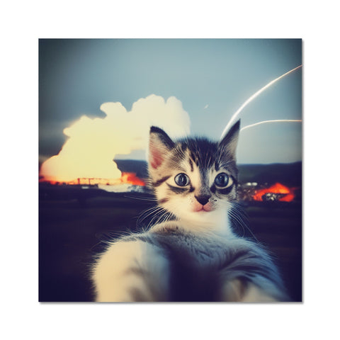 A picture of a kitten in the front of a picture frame holding a camera.