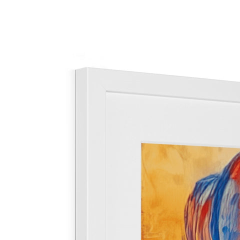 An art print in a wooden framed frame sitting on top of a wood desk.