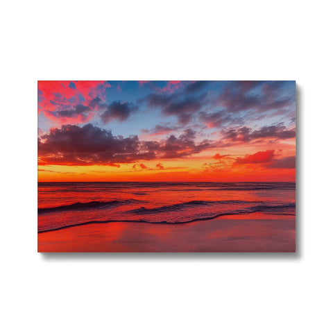 A card that depicts a sunset on a large colorful blanket.