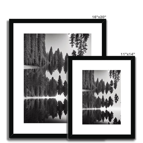 A bunch of frames lined with pine trees along a white background on a black frame.