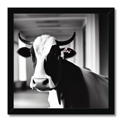 A black and white picture of a cow walking with its head turned in a window.