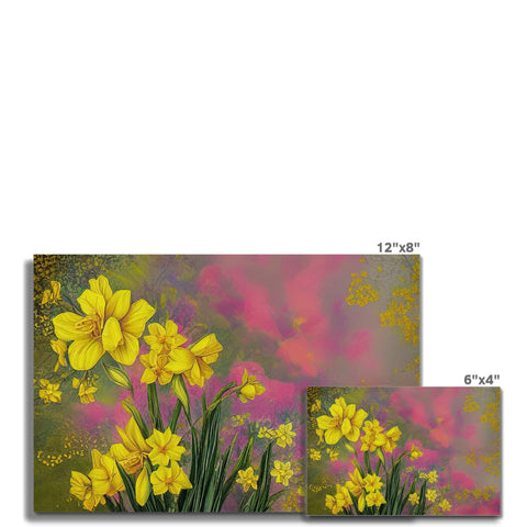 A small basket of gold daffodils and yellow plants with two cards and a