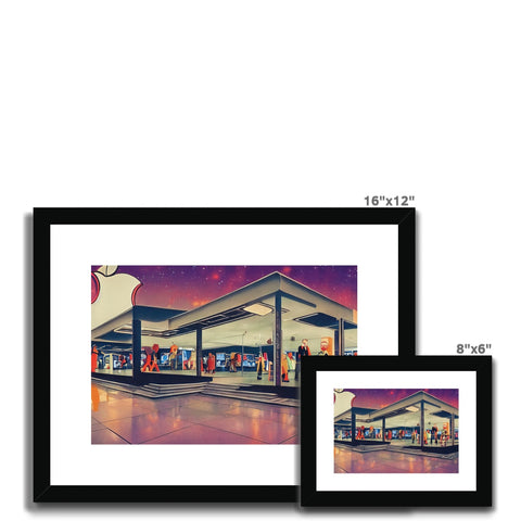 Store fronts at a mall with a picture frame to show a store back next to a