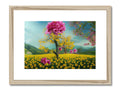 An art print that contains a picture of a blue and yellow flowering flower with a leaf