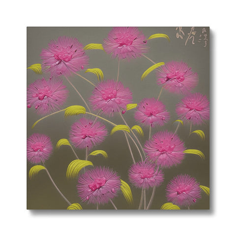 Art print of pink flowers on a white paper near a mirror.