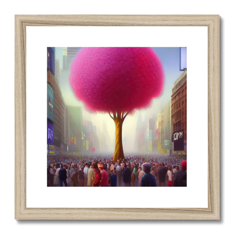 Art print near a pink tree and a large white cat on it's back