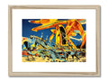 yellow biplane on top of a shelf on a wall full of art and art prints