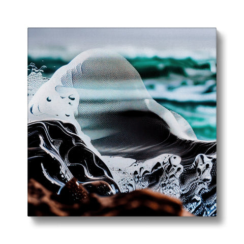 An art print of a wave surfing in a green ocean with ocean water.