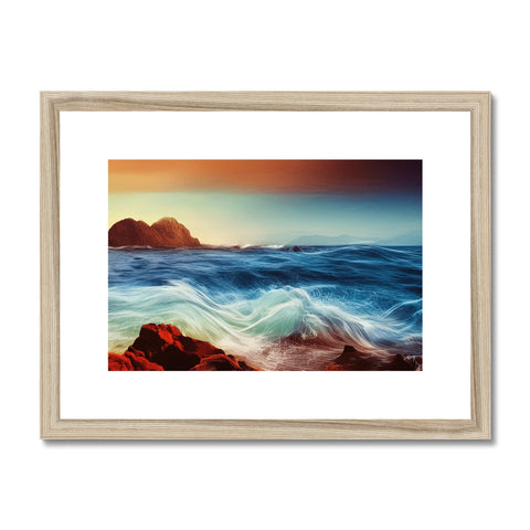 A framed picture of a seascape on a picture board with a sun setting in