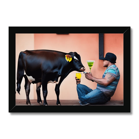 A picture of a cow in a window taking a drink from a glass container.