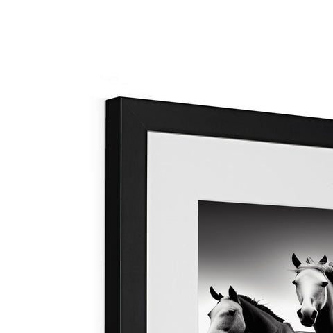 White picture frame on mirror standing around with black and white picture of a horse.