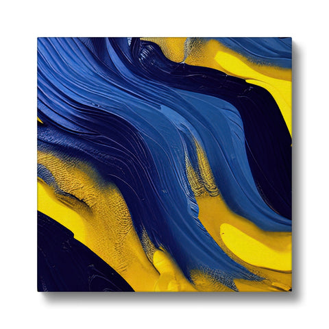 A hand painted abstract of a blue ocean wave painting under a black and yellow background.