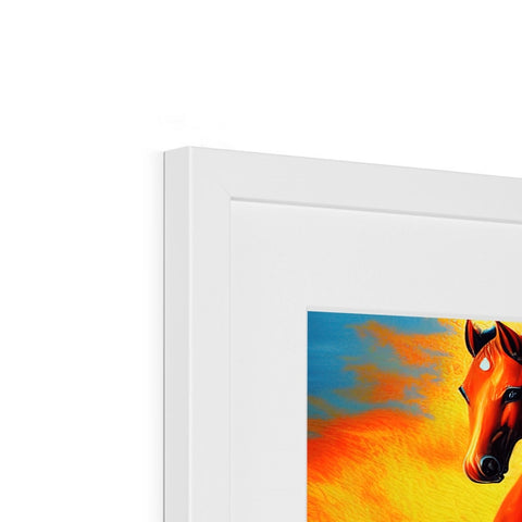 a picture of an orange horse and white paint print is on a picture frame.