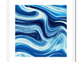 Art print of a blue and white background with ocean waves crashing against a stone wall.