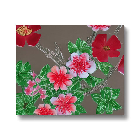 A pink flower is hanging from a black and white photo on a ceramic tile.