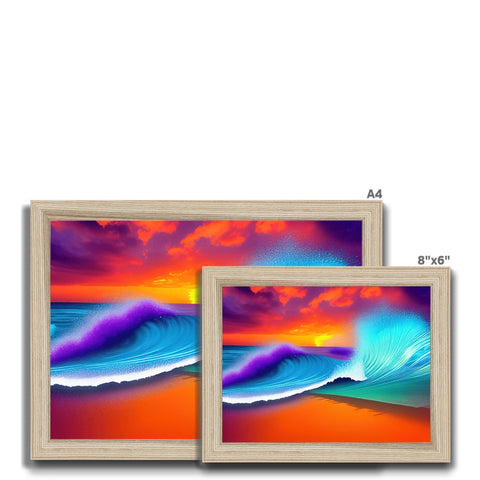 A wooden frame set up with three different pictures of three surfboards of different colors sitting