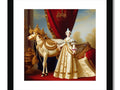 A queen on a horse in front of a white curtain with an arm around an orn