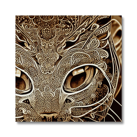 A cat on a gold frame with an elaborate design.