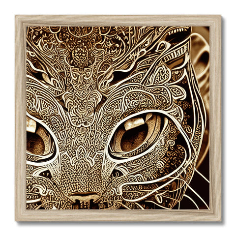 A wall hanging with an art print with a cat and gold framed background.