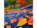 An art print of fall foliage is on a wall with a colorful tapestry.