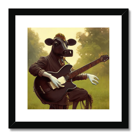 An art print of a cow with horns on her head sitting in a field.