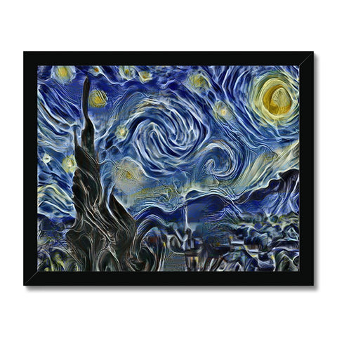 The painting of a starry nightscape is painted on to a blue and yellow t